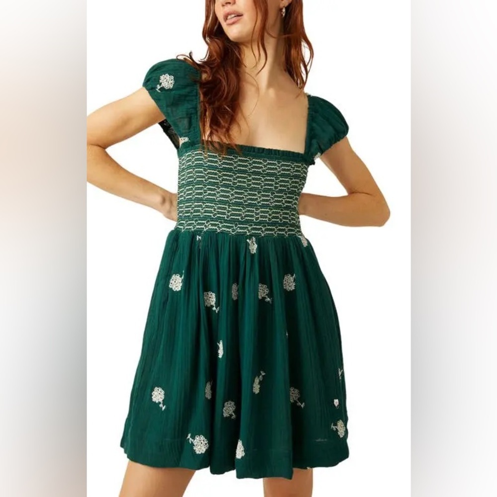 Free People Tory Floral Smocked Mini Dress green